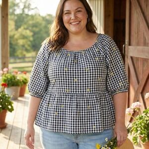 Old Navy 3X Gingham Peplum Top Yellow Daisy Embroidered Cottagecore‎ Country EUC
